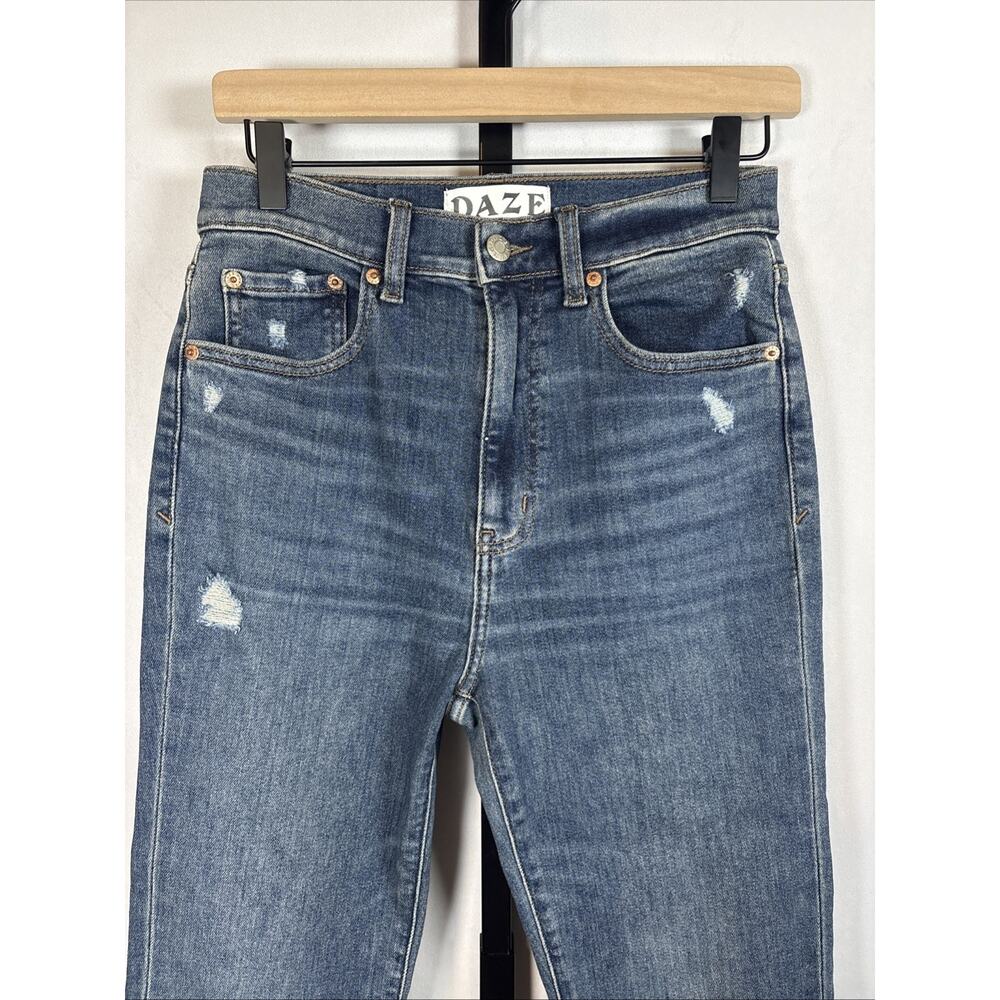 DAZE Denim High Rise Flare Jeans Womens 27 Dark Wash Hug Distressed Stretch Y2K - Picture 2 of 9